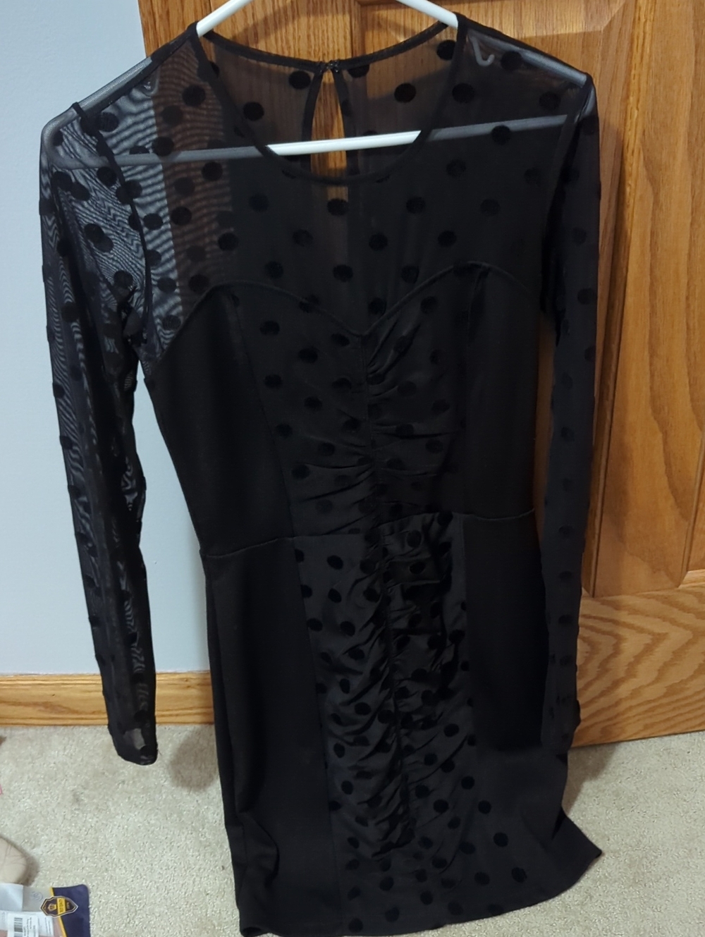 Guess Black Polka Dot Mesh Ruched Long Sleeve Dress
